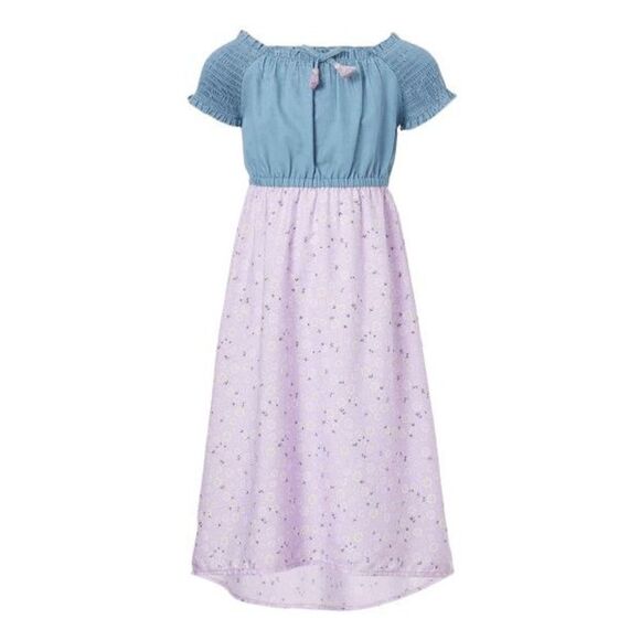 Girls' Lilac & Medium Blue Floral Denim Smocked Puff-Sleeve Maxi Dress 5/6 #1786 - Picture 1 of 6